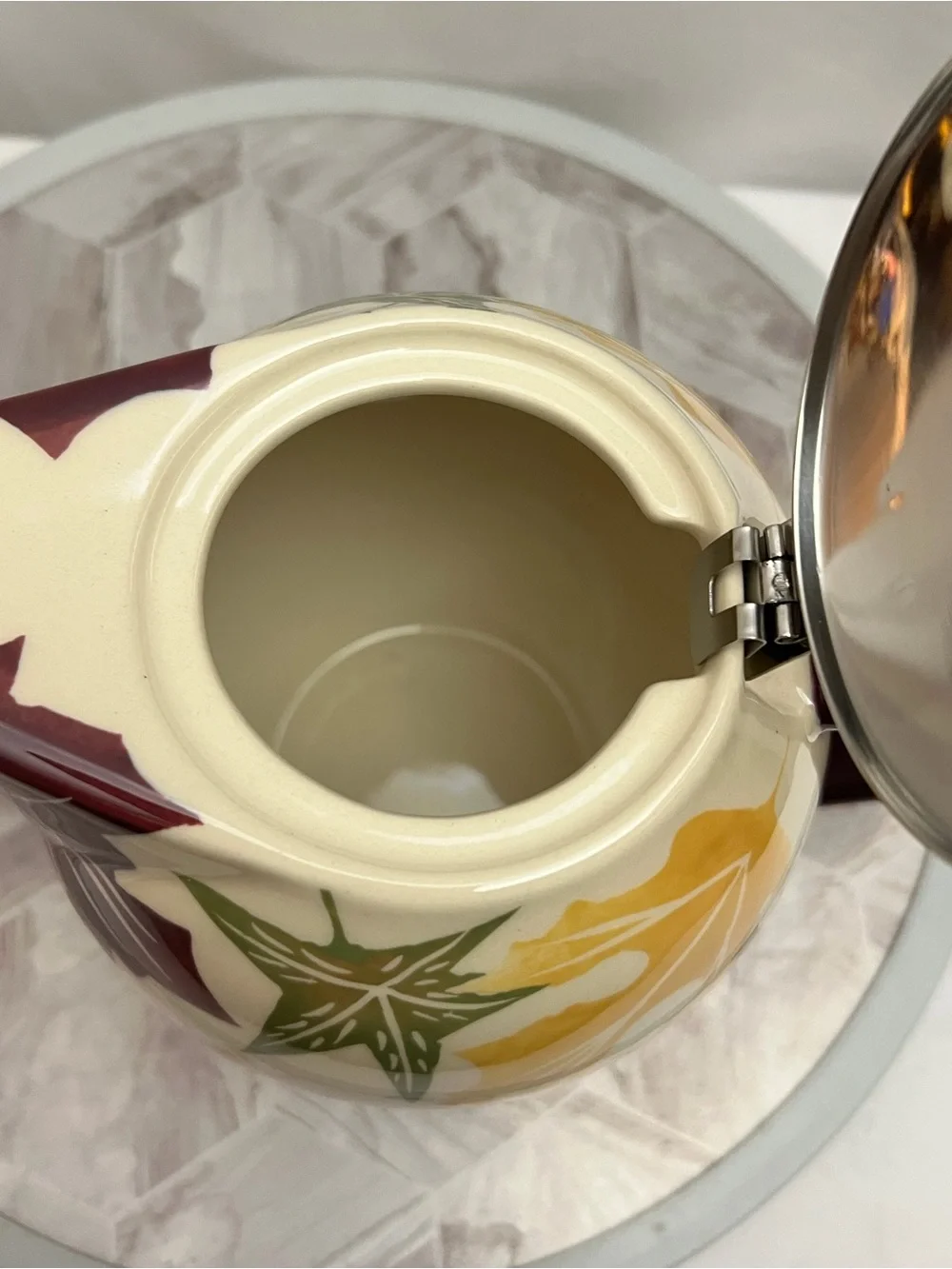HuesNBrews I-Pot Ceramic Tea Infuser Pot Fall Leaves Stainless Lid Strainer Box